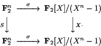 \begin{displaymath}\begin{CD}
{\bf F}_2^n @>{\sigma}>> {\bf F}_2[X]/(X^n-1) \\
...
...ot}V \\
{\bf F}_2^n @>{\sigma}>> {\bf F}_2[X]/(X^n-1)
\end{CD}\end{displaymath}